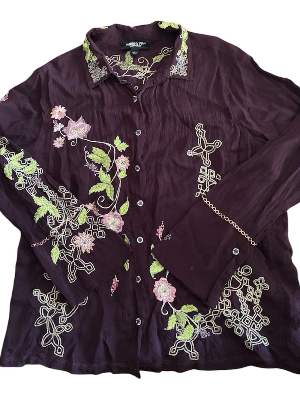 Johnny Was Plum Embroidered Button-Down Shirt - Picture 3 of 11